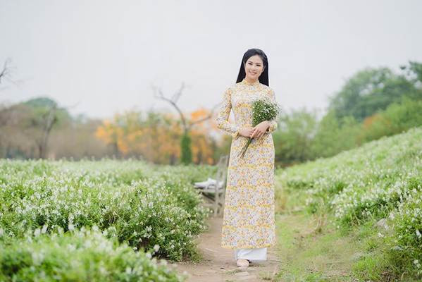 Hồi năm 2018, Hoa hậu Việt Nam 2010 Ngọc Hân thực hiện bộ ảnh duyên dáng với áo dài khi tạo dáng bên cúc hoạ mi.