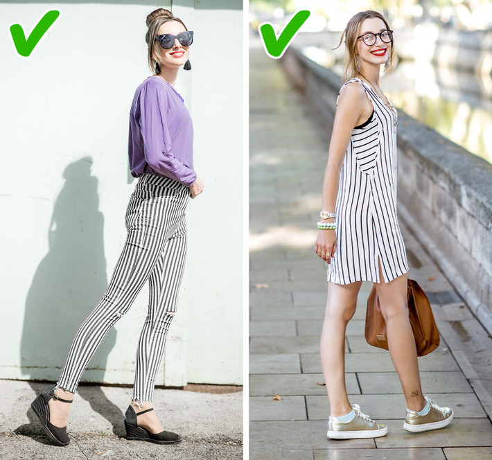 Trang phục sọc dọc là gợi ý hoàn hảo cho nàng chân ngắn bởi chúng luôn tạo hiệu ứng về một thân hình gọn gàng, thon thả cho người mặc. Ngược lại, bạn nên tránh các trang phục sọc ngang nếu không muốn cơ thể mình bị “kéo giãn” bề ngang một cách đáng kể.