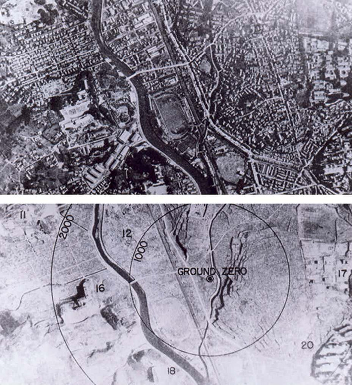 Hình ảnh ám ảnh chụp từ trên cao hai thành phố Hiroshima và Nagasaki ở Nhật Bản bị tàn phá nghiêm trọng sau khi bị Mỹ lần lượt thả 2 quả bom nguyên tử năm 1945.
