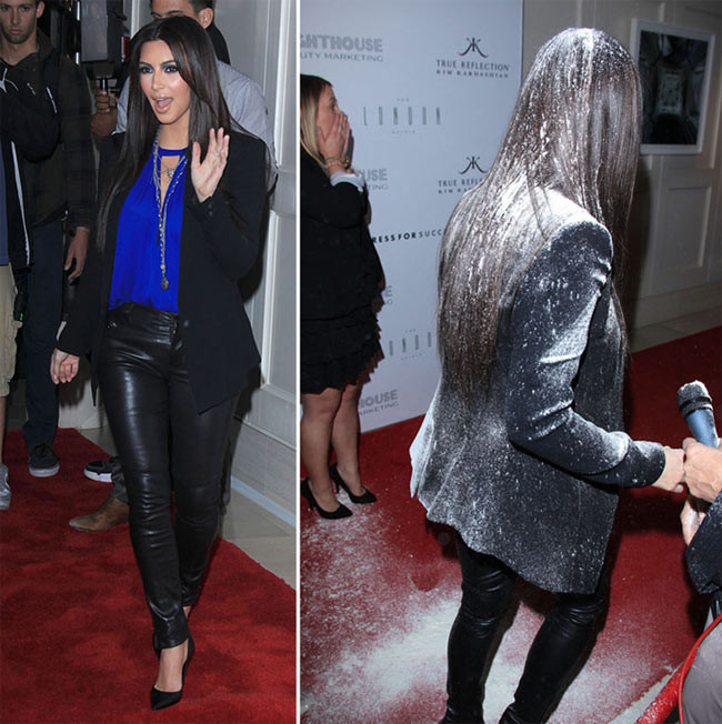 Năm 2012, Kim Kardashian đã bị tấn công bằng bom bột khi cô đang bước trên thảm đỏ sự kiện ra mắt một thương hiệu nước hoa ở Tây Hollywood.