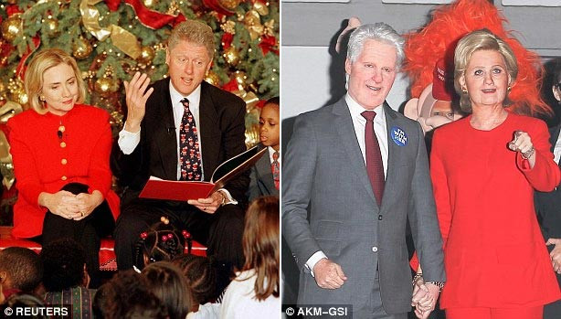Vợ chồng bà Hillary (trái) và hình ảnh Katy Perry và bạn cô hóa trang thành cặp vợ chồng chính trị gia.