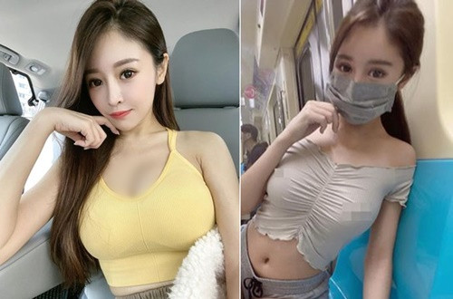 Trong hình ảnh trên tàu điện ngầm (phải), Tạ Hựu Tâm diện mốt "thả rông" vòng một. Người hâm mộ không cần nhìn kỹ cũng phát hiện ra điểm này và chia làm hai luồng ý kiến khác nhau.