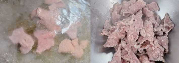 Bước thứ tư là đun sôi nước, thả thịt bò vào chần. Chú ý, không nên chần lâu, chỉ chần đến khi thịt bò chín tới, như vậy sẽ vừa mềm lại vừa ngọt.