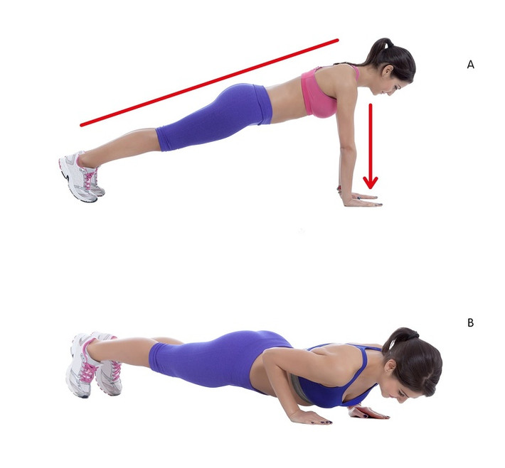 Bài tập chống đẩy giúp giảm béo lưng và nách hiệu quả. Chống đẩy liên tục trong 45 giây. Lặp lại 3 lần với 20-30 giây nghỉ.