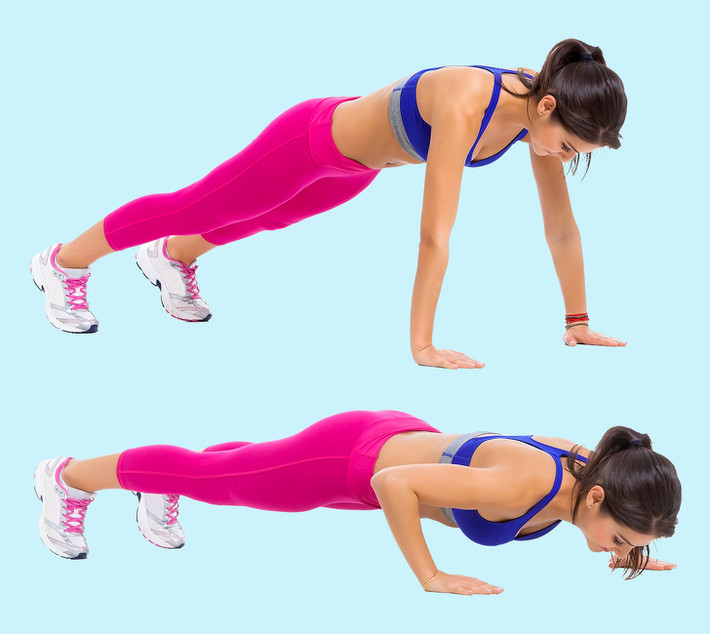 Push-ups: Động tác chống đẩy rất tốt cho cơ ngực, tay và bụng. Chuẩn bị ở tư thế plank, thực hiện động tác hít đất 20 - 30 lần.