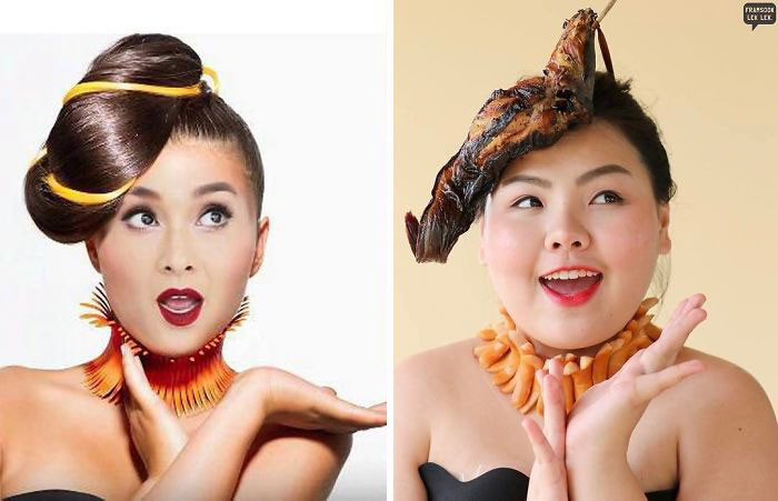 Đội cả miếng thịt lên đầu.