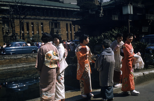 Một nhóm phụ nữ Nhật Bản mặc trang phục kimono truyền thống thu hút sự chú ý của nhiếp ảnh gia.