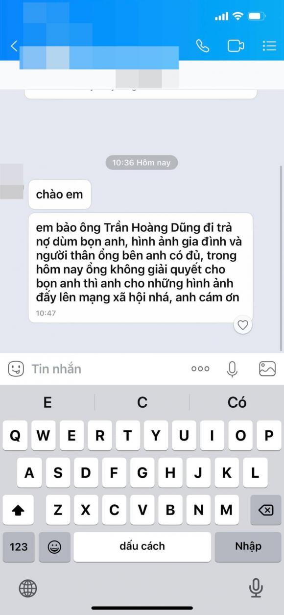 Chia sẻ bức xúc, Thảo Vy công khai cả tin nhắn, các cuộc điện thoại liên tục làm phiền. Cô cho biết: "Ông Trần Hoàng Dũng là ba Vy. Không biết là ba Vy và gia đình Vy nợ cái gì ở bọn này nữa".