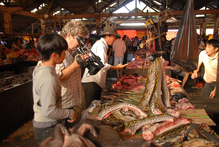 Những con trăn khổng lồ được xẻ thịt bán cho người dân.