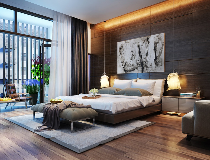 Đèn treo hai bên đầu giường là một ý tưởng khá hay.