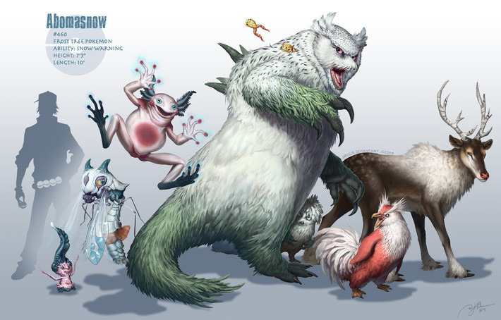 Pokemon Abomasnow, có đôi mắt màu tím nhạt đặc trưng, loài Pokemon này sống trong núi tuyết và chỉ xuất hiện khi hoa tuyết nở. Khi những bông hoa chết, loài này sẽ rút vào các hang động băng tuyết, trong quá trình rút lui, nó có thể tạo ra những trận bão tuyết để ẩn thân, khả năng chính của loài Abomasnow chính là sử dụng băng tuyết.