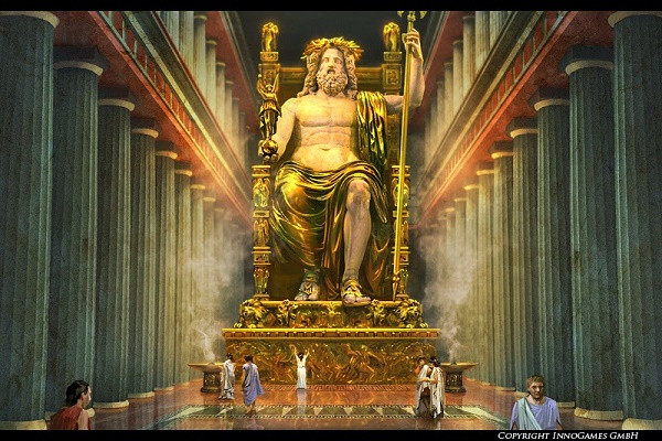 Tượng thần Zeus được đặt ở Olympia là một kỳ quan thế giới cổ đại được nhiều người biết đến. Với chiều cao 12m, bức tượng tạc chân dung thần Zeus ngồi trên ngai vàng, tay phải cầm một pho tượng thần chiến thắng và tay trái cầm vương trượng. Đến những năm 400 sau Công nguyên, công trình bị phá hủy trong trận hỏa hoạn dữ dội.