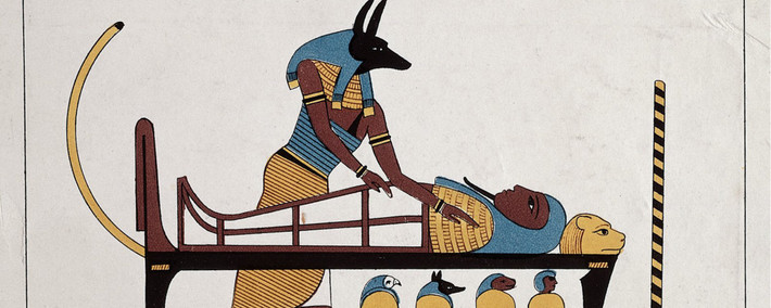 Thần Chết Anubis trong quan niệm của người Ai Cập cổ đại được mô tả có thân nam giới và đầu chó rừng.