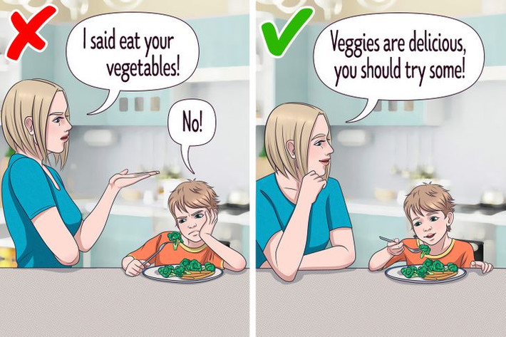 7. Nói về các thành phần lành mạnh một cách tích cực: Trẻ em học được nhiều kiến thức từ cha mẹ, giáo viên, anh chị em và thậm chí cả TV. Bạn có thể sử dụng điều đó khi nói đến thực phẩm. Tóm lại, bạn có thể sử dụng cụm từ như “Món này ngon” thay vì cách tiếp cận “ăn cái này vì nó tốt cho con”.