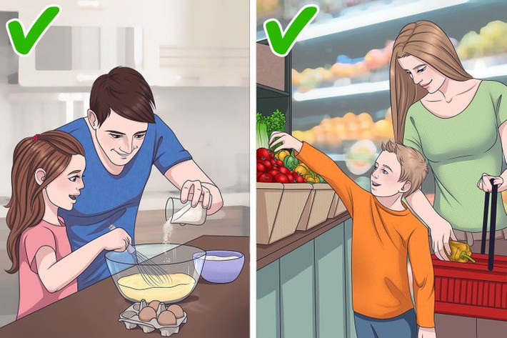 4. Cho bé tham gia khi nấu ăn và đi chợ: Nó đã được chứng minh rằng trẻ em có nhiều khả năng thử các món ăn mà chúng đã giúp nấu. Cho trẻ tham gia vào quá trình nấu ăn có thể khuyến khích trẻ ăn uống lành mạnh hơn và thử những món mới. Ngoài ra, việc đưa trẻ mới biết đi đi siêu thị có thể mang lại hiệu quả và giáo dục (và thậm chí là thú vị) cho chúng.