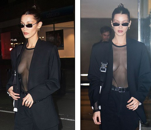 Bella Hadid chọn diện áo xuyên thấu bên trong, khoác ngoài blazer khéo phô vòng 1 lấp ló. Ảnh: Internet.
