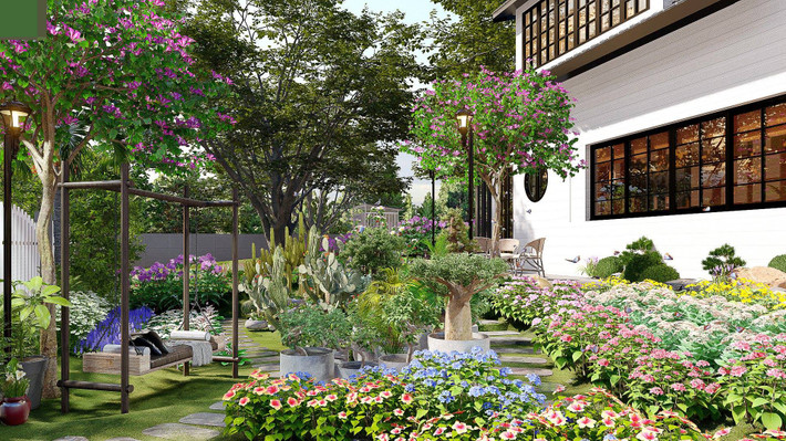 Khoảng sân rộng rãi có thể để xe hoặc cho trẻ con chơi đùa. Công trình có lợi thế là đất rộng rãi, dành nhiều diện tích cho sân vườn nên môi trường sống không còn ngột ngạt. Ảnh: Kiến trúc sư Phan Hiển.