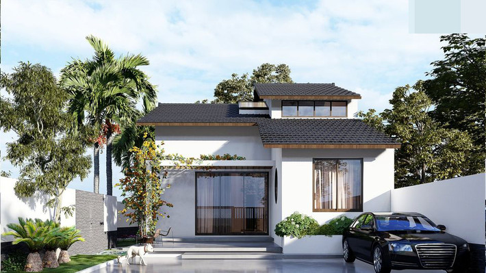 Biệt thự nhà vườn có gác lửng. Mẫu biệt thự nhà vườn cấp 4 được thiết kế 1 tầng, 1 gác lửng. Mặt tiền ngôi nhà sử dụng vật liệu bê tông và kính cường lực trong suốt để tạo nên kiến trúc hiện đại. Mẫu thiết kế nhà vườn cấp 4 được bố trí đầy đủ công năng với 1 phòng khách, 3 phòng ngủ, 1 nhà vệ sinh chung, 1 phòng ăn + bếp. Trên gác lửng có thể bố trí thêm 1 phòng thờ hoặc 1 phòng ngủ (kèm nhà vệ sinh khép kín). Ảnh: Kiến trúc sư Phan Hiển.