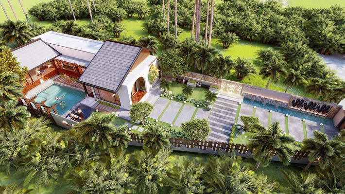 Biệt thự nhà vườn có bể bơi. Thiết kế này, gia chủ được sở hữu các tiện ích như khách sạn: Hồ bơi, vườn nướng BBQ, không gian thư giãn. Song song đó là trải nghiệm hòa mình với thiên nhiên cây cỏ, trồng hoa, cây ăn trái. Với mẫu biệt thự vườn có bể bơi thường đòi hỏi những không gian có diện tích xây dựng khá lớn. Bởi chúng ta cần khoảng thiết kế không gian sống, không gian sân vườn và bể bơi sao cho hài hòa và cân đối nhất. Ảnh: Kiến trúc sư Phan Hiển.
