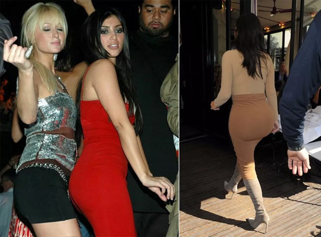 Năm 2006, Kim Kardashian lần đầu bước vào showbiz với danh xưng trợ lý của Paris Hilton. Rõ ràng lúc đó vòng 3 của Kim Kardashian rất bình thường, thậm chí còn hơi lép. Khi so với bức ảnh chụp Kim năm 2016 khi Kim vừa sinh con trai Saint thì thấy có sự khác biệt. (Ảnh: okmagazine).