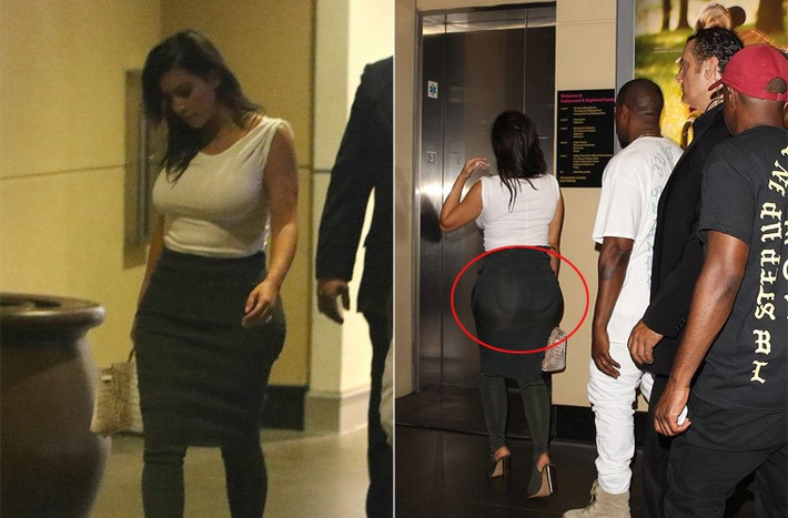 Vòng ba khủng của Kim Kardashian bị nghi là hàng giả khi paparazzi chụp cận vào vòng ba của Kim thì rõ ràng thấy cô có dùng độn mông. (Ảnh: Radar)