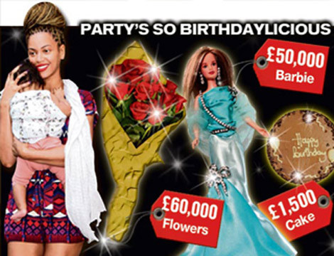 Nữ hoàng RB Beyoncé Knowles bỏ ra gần 2 tỷ đồng mua búp bê Barbie nạm kim cương làm quà tặng nhân dịp sinh nhật lần đầu tiên của con gái. Vợ chồng nữ hoàng RB Beyonce Knowles cho gần 5 tỷ VND cho sinh nhật công chúa nhỏ.