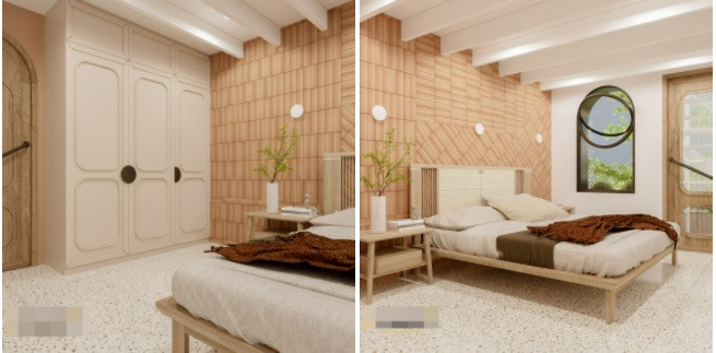 Phòng ngủ có nội thất tối giản, ít chi tiết nhưng hài hòa, không hề bị đơn điệu.