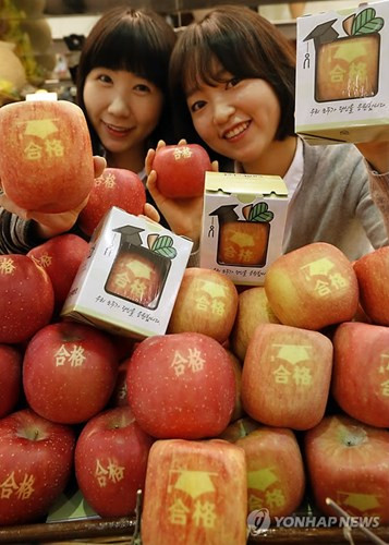 Nông dân ở Chungju, miền nam Hàn Quốc, đã trồng được những quả táo hình vuông đặc biệt với ý nghĩa chúc may mắn cho các sĩ tử mùa thi.