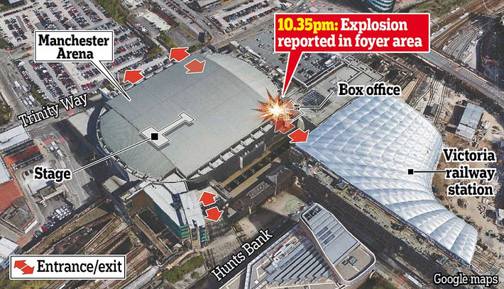 22h 35 tối 22/5, một vụ nổ xảy ra ở khu vực phòng giải lao của Manchester Arena. Nghe thấy tiếng nổ, mọi người vừa kêu thét vừa chạy ra lối thoát hiểm. (Ảnh: Google maps)