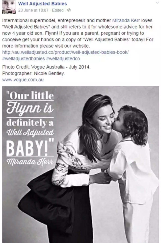 Siêu mẫu Miranda Kerr kiếm được hơn 2 triệu USD/năm khi quảng cáo cho cuốn sách Well Adjusted Babies của bác sĩ Jennifer Barham-Floreani.