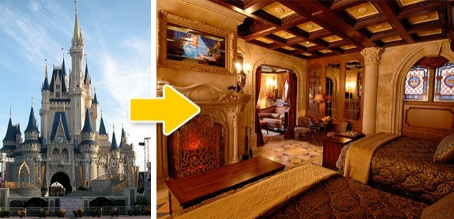 Căn hộ bí mật trong Lâu đài Cinderella, Disney World, Mỹ. Thoạt nhìn, căn hộ trông giống như một căn phòng khách sạn rất đắt tiền tuy nhiên dù có trả bao nhiêu tiền đi nữa, bạn cũng sẽ không được vào căn hộ này nếu như không đủ may mắn trúng thưởng của Disney World. (Nguồn Youthwant)