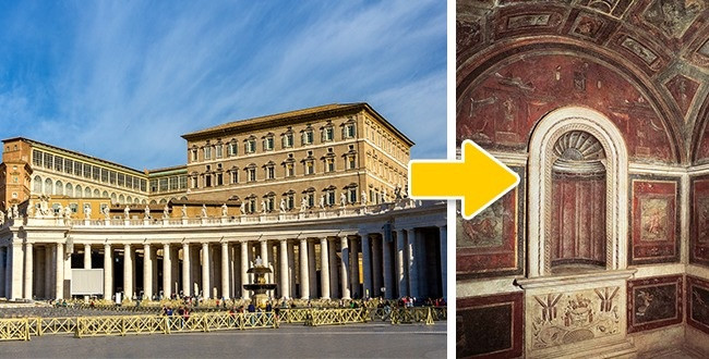 Phòng tắm của Hồng y Cardinal Bibbiena, căn hộ Papal, Tòa thánh Vatican. Đây là một phòng tắm được trang trí bởi danh họa nổi tiếng thế giới Raphael Santi và người học việc của ông. Lối vào phòng tắm nằm trong phòng ngủ cũ của Đức Hồng Y, nơi mà ngày nay Đức Thánh Cha làm việc với các nhà lãnh đạo thế giới. (Nguồn Youthwant)
