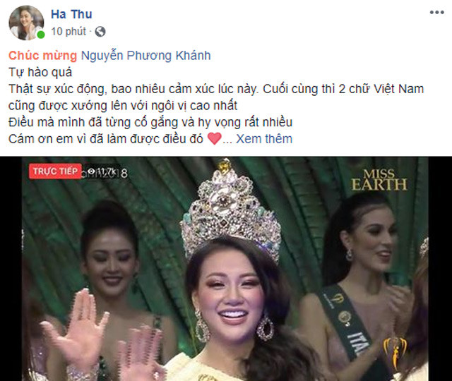 Hà Thu - đàn chị dự thi Hoa hậu Trái đất 2017 gửi lời chúc mừng đến Phương Khánh.