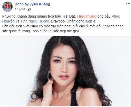 MC Nguyên Khang cho rằng Phương Khánh đăng quang Hoa hậu Trái đất là một việc "chấn động".
