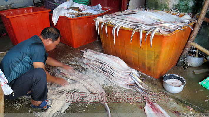 Sau khi mổ sạch, lươn biển bắt đầu được ướp muối ngay gần đó.