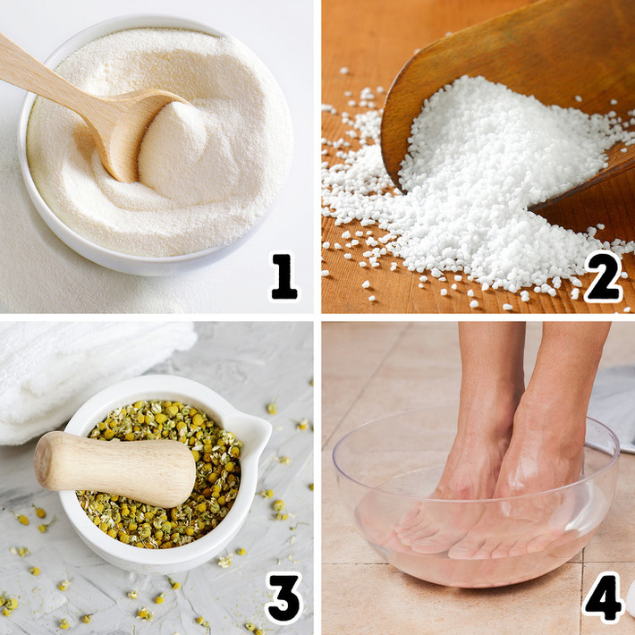 Ngâm chân hoa cúc: Các chất chống oxy hóa trong hoa cúc giúp làm dịu da và trị khô chân. Lấy 1/2 cốc sữa, 1/2 cốc muối Epsom và 2 muỗng canh hoa cúc khô. Trộn tất cả các thành phần vào chậu nước nóng. Ngâm chân trong 20 phút. Lau khô chân bằng khăn mềm và chà với kem dưỡng da yêu thích. Ảnh: BS.
