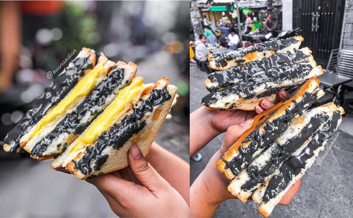Bánh mì kẹp nướng hơi giòn, nhân than tre lạ vị, kết hợp cùng sốt trứng muối bùi béo, sóng sánh bên trên, tạo sức hút với thực khách lần đầu thưởng thức. Khu ăn uống chợ Hồ Thị Kỷ là nơi bày bán món ăn này với giá 10.000 đồng/chiếc.