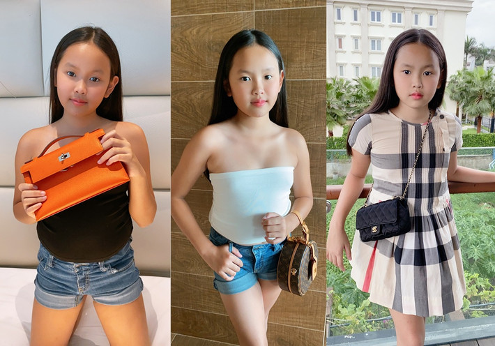 Hoa hậu Phương Lê tặng cho con gái Michelle những chiếc túi hiệu đắt tiền đến từ những nhà mốt nổi tiếng như Hermes, Dior, Louis Vuitton... Trong ảnh, chiếc Hermes mini màu cam giá 160 triệu đồng; túi Petite Boite Chapeau của thương hiệu Louis Vuitton có giá khoảng 84 triệu đồng và chiếc túi mini đen của Chanel cũng khoảng chục triệu đồng.