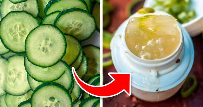 Dưa chuột và lô hội: Chà/nạo dưa chuột, thêm nha đam xắt nhỏ và thêm dầu ô liu. Thoa đều lên mặt. Để yên trong 15 phút rồi lau rửa sạch bằng nước ấm. Cho phần dư còn lại vào một hộp nhỏ và giữ nó trong tủ lạnh để tiếp tục sử dụng cho lần sau.