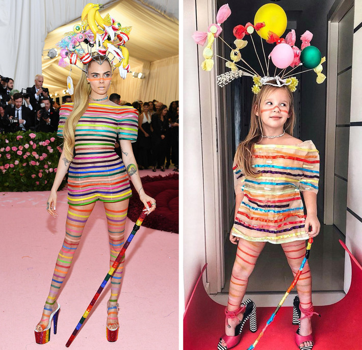 Cô bé "nhái" theo bộ đồ kẻ bảy sắc cầu vồng của Cara Delevingne.