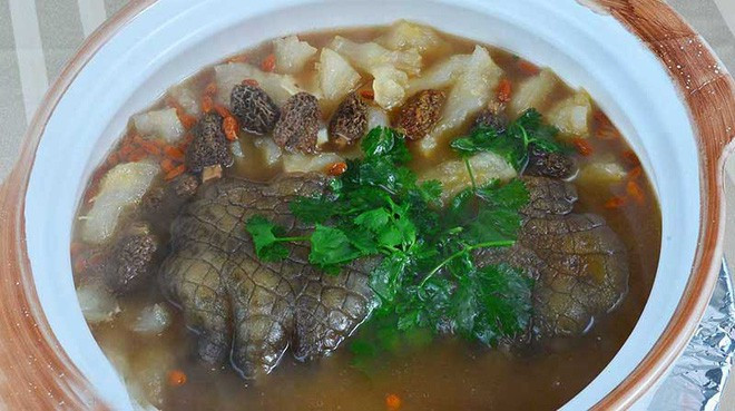 Khi gọi món này, bạn sẽ được phục vụ toàn bộ chân cá sấu với móng vuốt, da trong bát súp của mình. Nó thực sự là một bát súp "siêu to khổng lồ" và có phần đáng sợ.