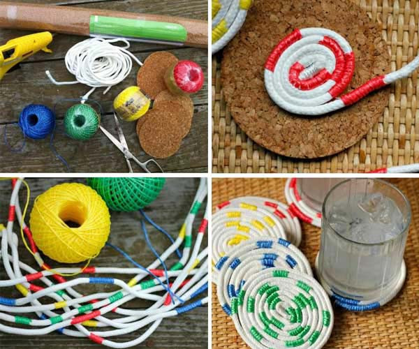 Với những đoạn dây điện và nhiều cuộn len sắc màu, bạn có thể tự làm những chiếc đế lót cốc nước rất đẹp mắt.