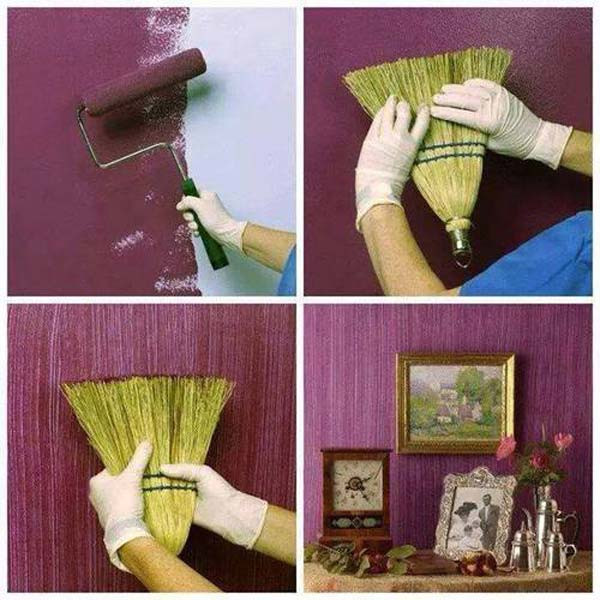 Bạn có thể tạo ấn tượng cho bức tường đơn điệu bằng cách lăn sơn lên tường rồi dùng chổi rễ quét qua một lượt tạo đường nét.