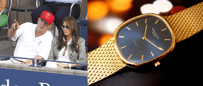 Chiếc đồng hồ Patek Philippe làm từ vàng 18k nổi bật được ông Donal Trump đeo khi xuất hiện cùng vợ. Ảnh: Twentytwoten.