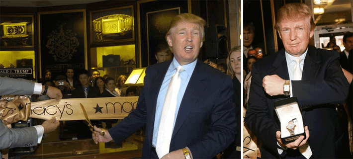 Ông Donal Trump vui vẻ khoe một chiếc đồng hồ Rolex vàng khác cùng chiếc Patek Philippe vàng 18k đang đeo trên tay. Ảnh: Ablogtowatch.
