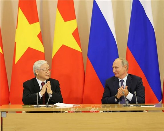 Tổng Bí thư Nguyễn Phú Trọng và Tổng thống Nga Vladimir Putin có cuộc gặp gỡ và phát biểu với báo chí tại thủ đô Moscow sau hội đàm ngày 6/9/2018. Ảnh: TTXVN.
