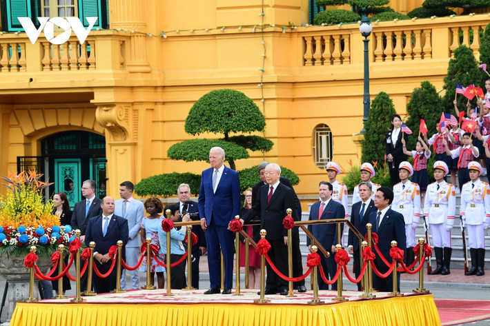 Tổng Bí thư Nguyễn Phú Trọng chủ trì Lễ đón Tổng thống Hoa Kỳ Joe Biden tại Phủ Chủ tịch trong chuyến thăm cấp Nhà nước tới Việt Nam trong 2 ngày 10 và 11/9/2023. Ảnh: VOV.