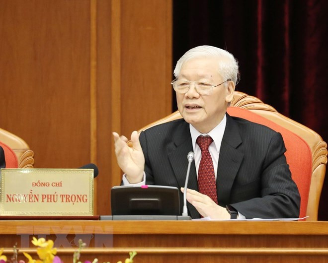 Phát biểu khai mạc Hội nghị, thay mặt Bộ Chính trị, Ban Bí thư, Tổng Bí thư, Chủ tịch nước Nguyễn Phú Trọng nhiệt liệt chào mừng các đồng chí Ủy viên Ban Chấp hành Trung ương và các đại biểu tham dự Hội nghị; đồng thời gợi mở, nêu rõ một số vấn đề cần quan tâm thảo luận, cho ý kiến. Ảnh: TTXVN