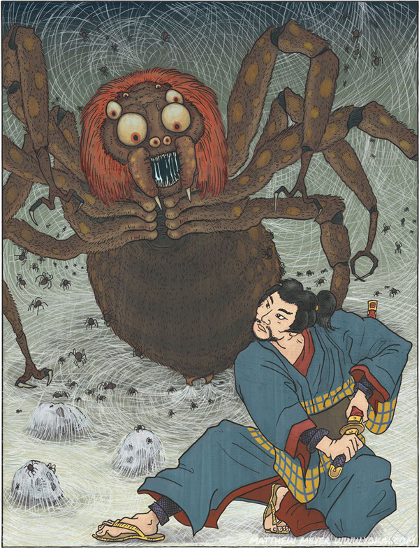 Jorogumo dùng nhan sắc và tài thổi sáo để mê hoặc đàn ông. Sau khi dụ được nạn nhân vào hang ổ, nữ yêu tinh sẽ hiện nguyên hình, để lộ những đôi chân lông lá gớm ghiếc bên dưới dải lụa hồng.