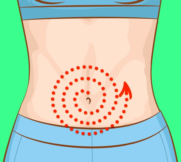 Thử massage kiểu Trung Quốc: Đặt một tay lên rốn. Dùng áp lực của hai ngón tay để chà xung quanh rốn theo vòng tròn nhỏ. Dần dần mở rộng các vòng tròn, di chuyển từ rốn sang hai bên. Thực hiện động tác mát xa giảm mỡ bụng này trong 2 phút.